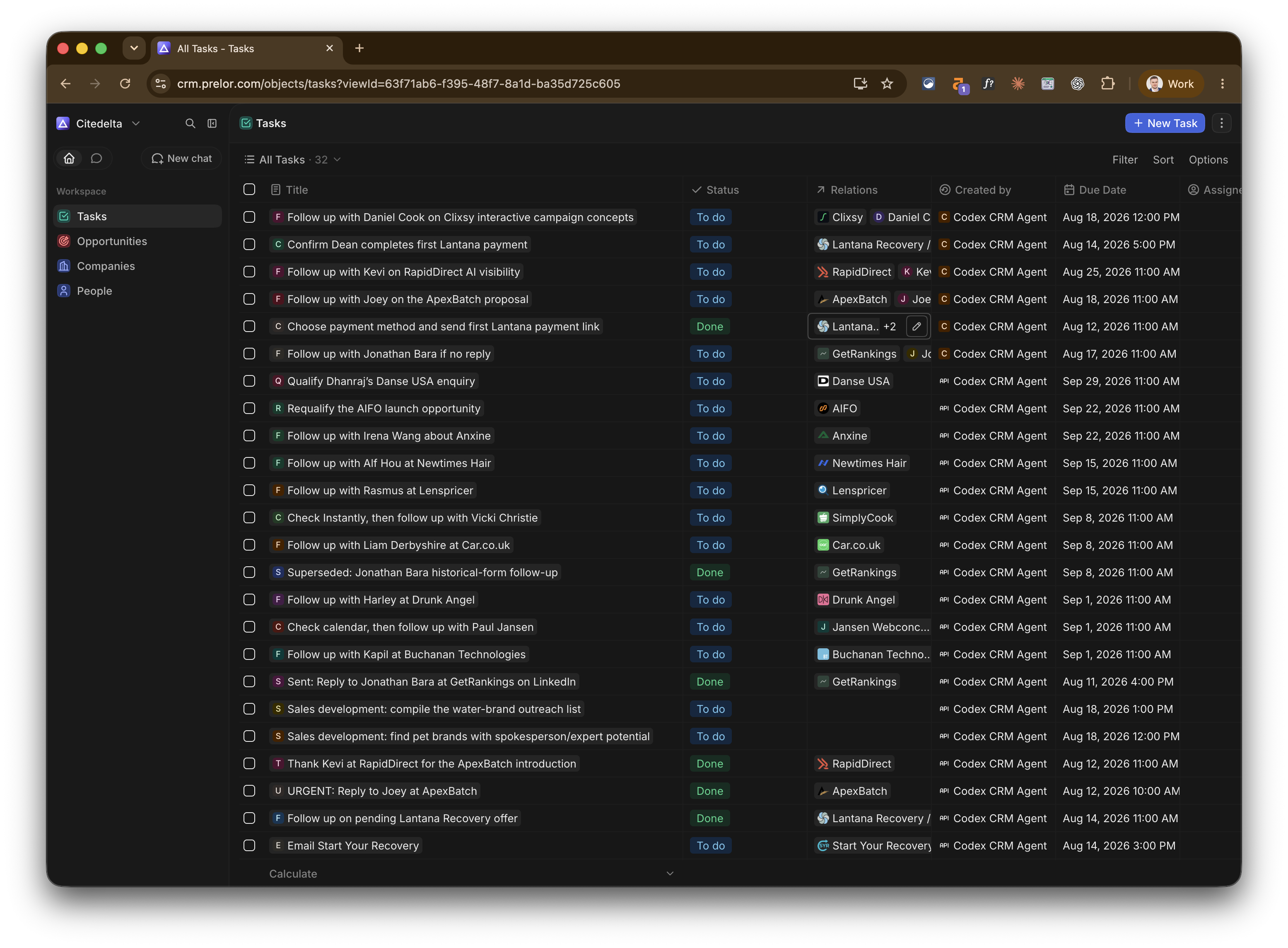 CiteDelta CRM showing the live sales follow-up queue