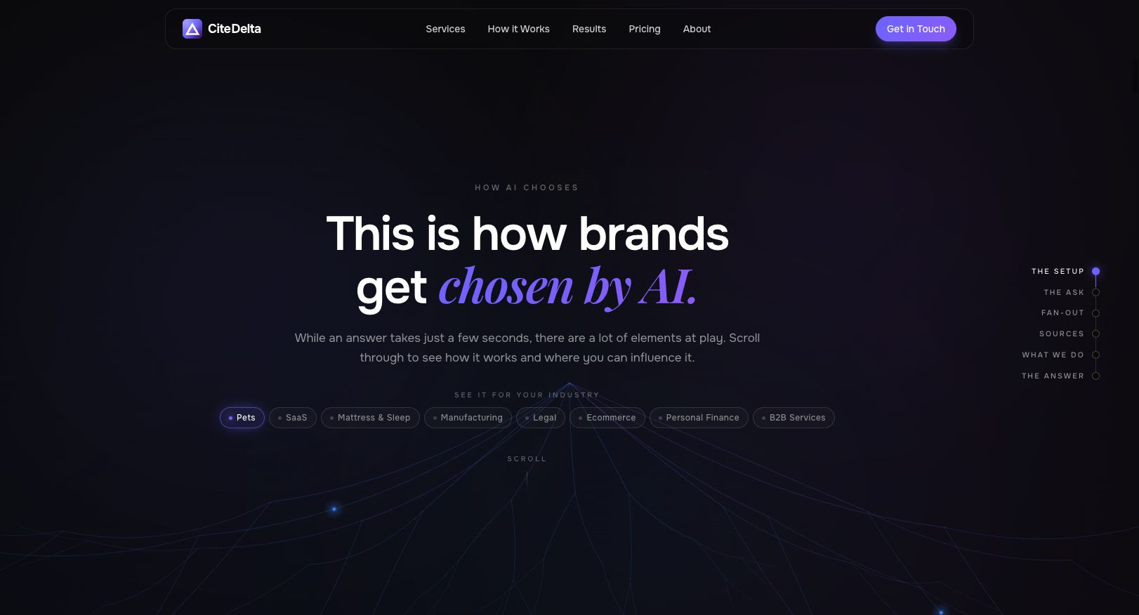 CiteDelta interactive dataset story showing how brands get chosen by AI