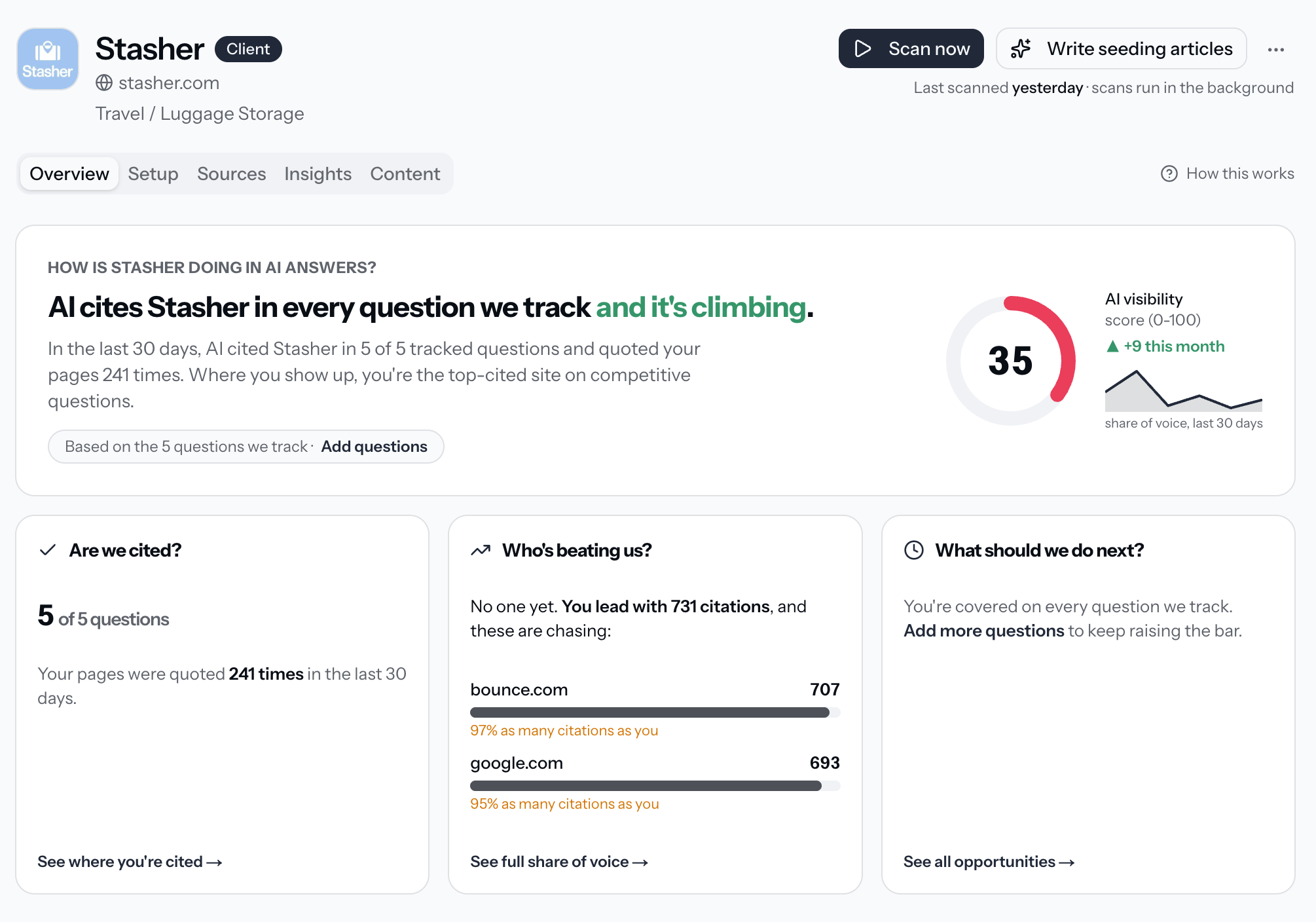 Stasher AI visibility dashboard with a score and three client answers