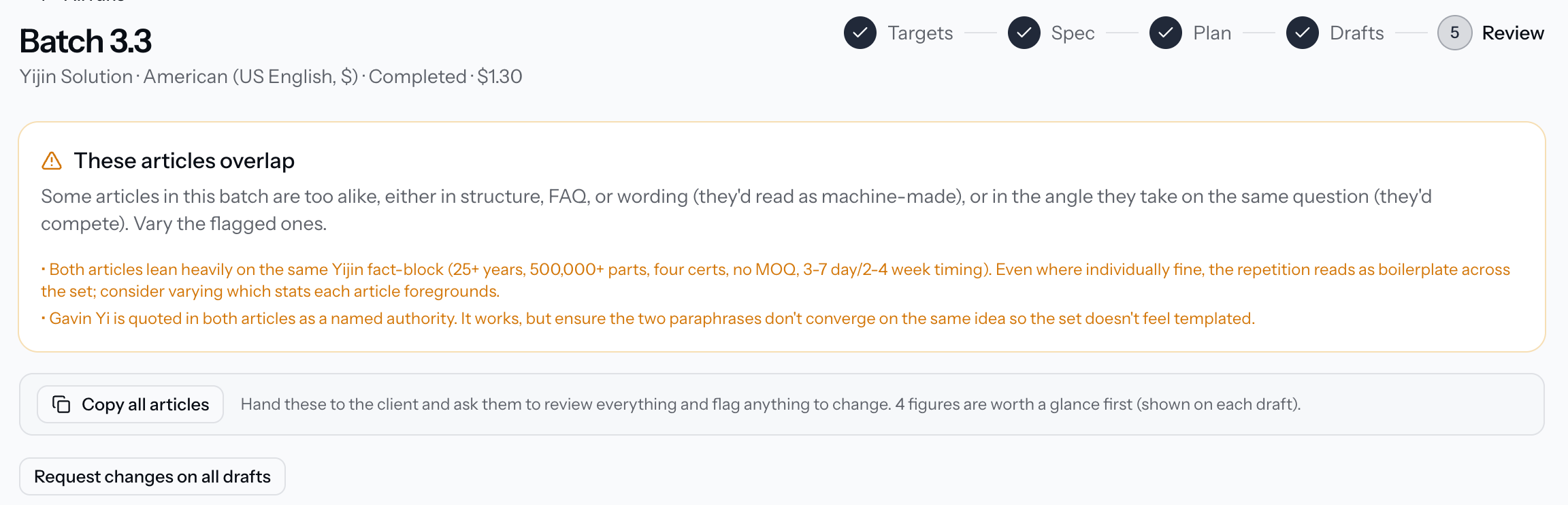 Article writer review screen showing approval before publishing